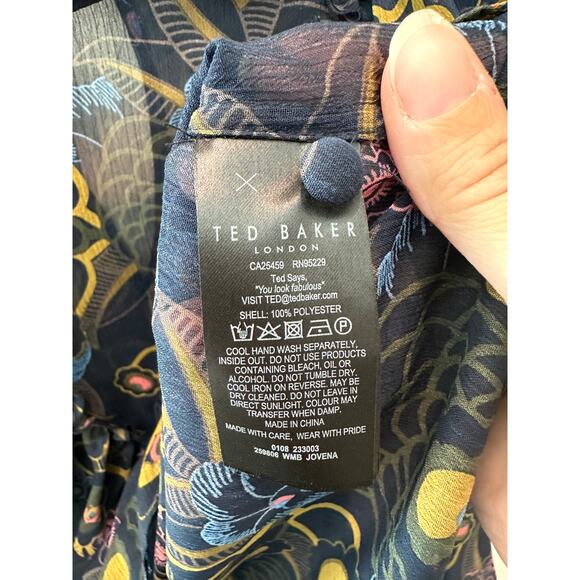 TED BAKER LONDON | Navy Romantic Floral Ruffle Sheer Blouse Top | Size 0 (2) - Picture 6 of 6